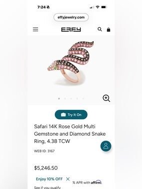 Effy Rose Gold Snake Ring with Pink, Black and Green Gemstones